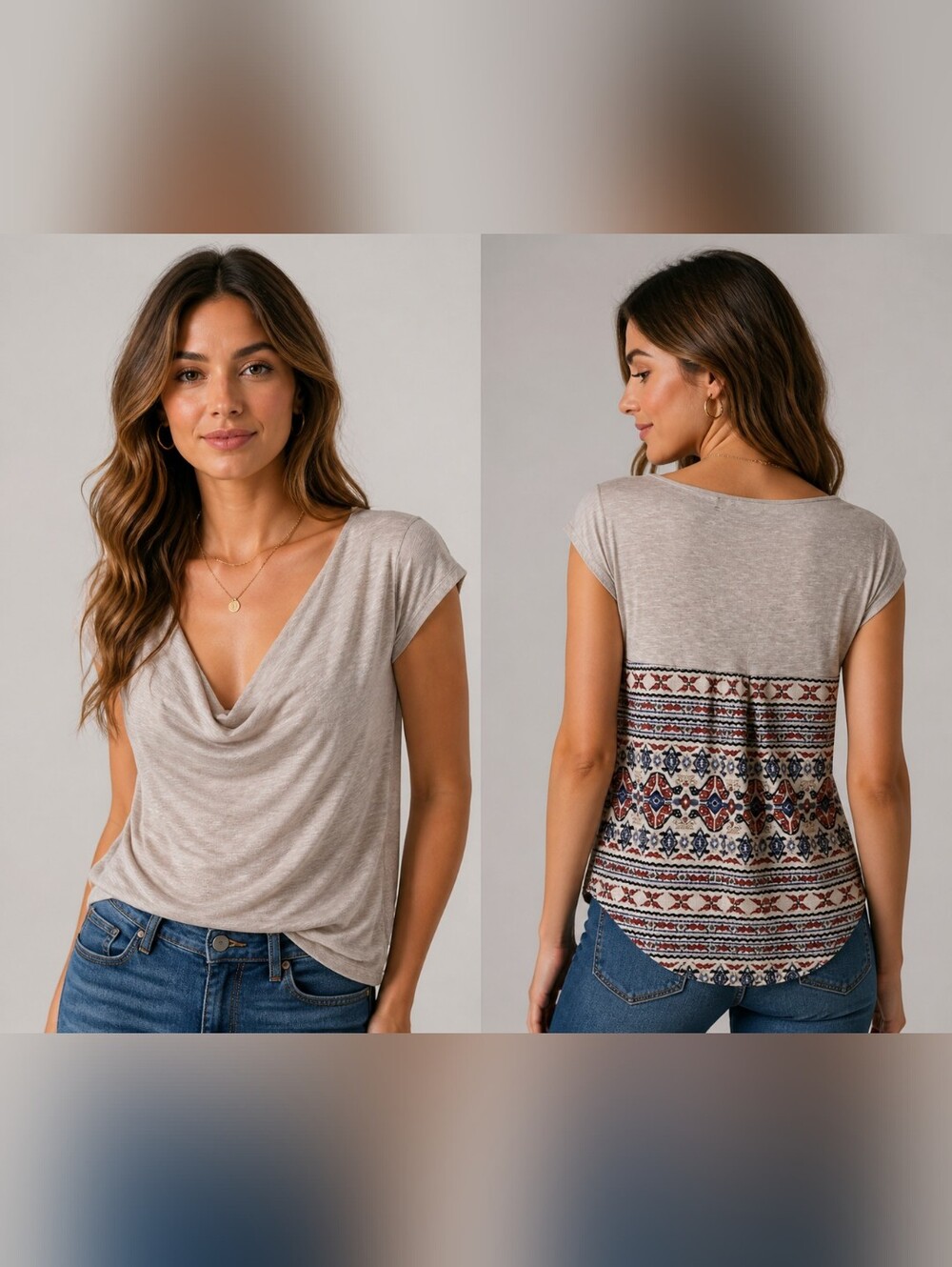 HeartSoul Cream Cowl Neck Top with High Low Patterned Back